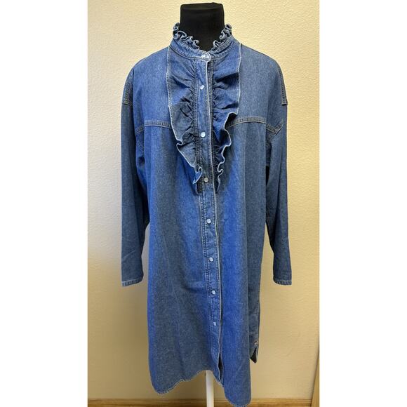 NWT Overlover Catalina Small Denim Ruffle Shirt Dress Pearl Snap Button Front - Picture 2 of 11